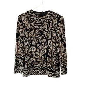 Carolyne Barton Nights Sequin Pearl Beaded Black Silk Lined Blouse size medium